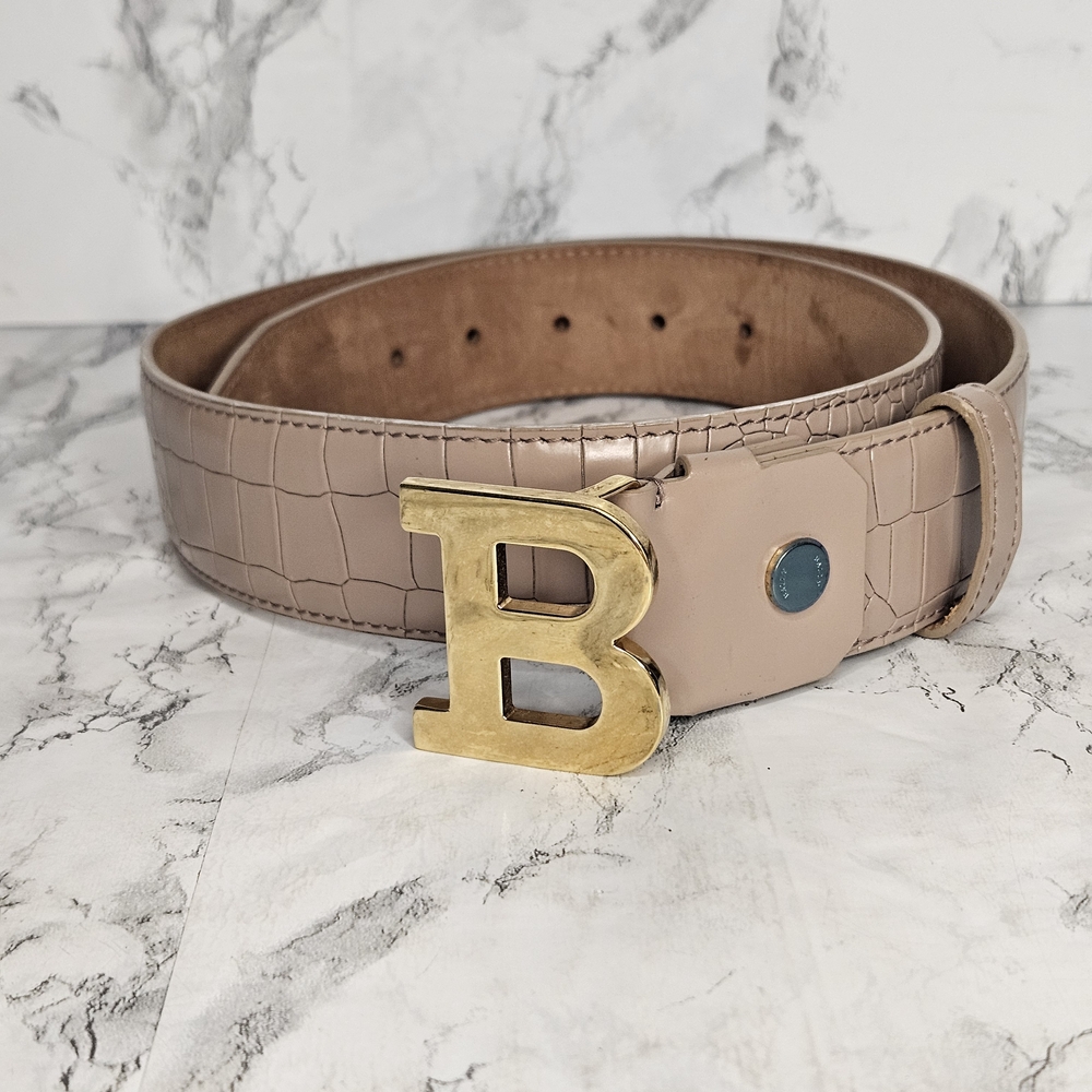 BALLY B Buckle Belt, Nude. Embosed Leather.